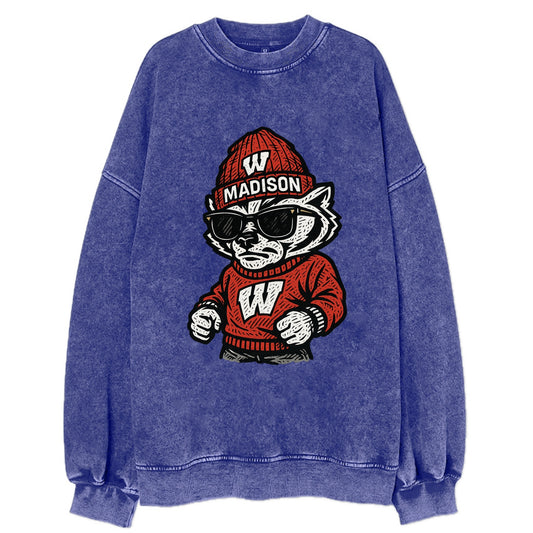 Madison Badger wearing Wisconsin beanie with motion W patch - Vintage Sweatshirt - Blue
