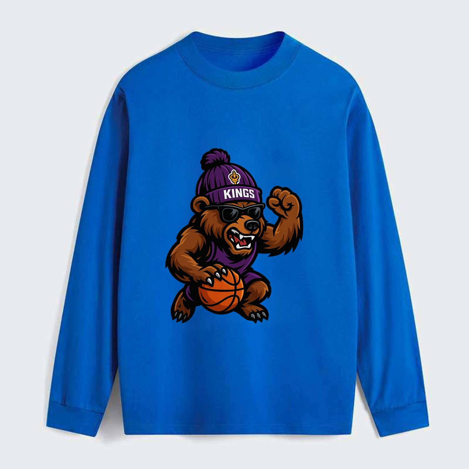 California Grizzly wearing Kings beanie with royal scepter patch and - Classic Long Sleeve Shirt - Blue