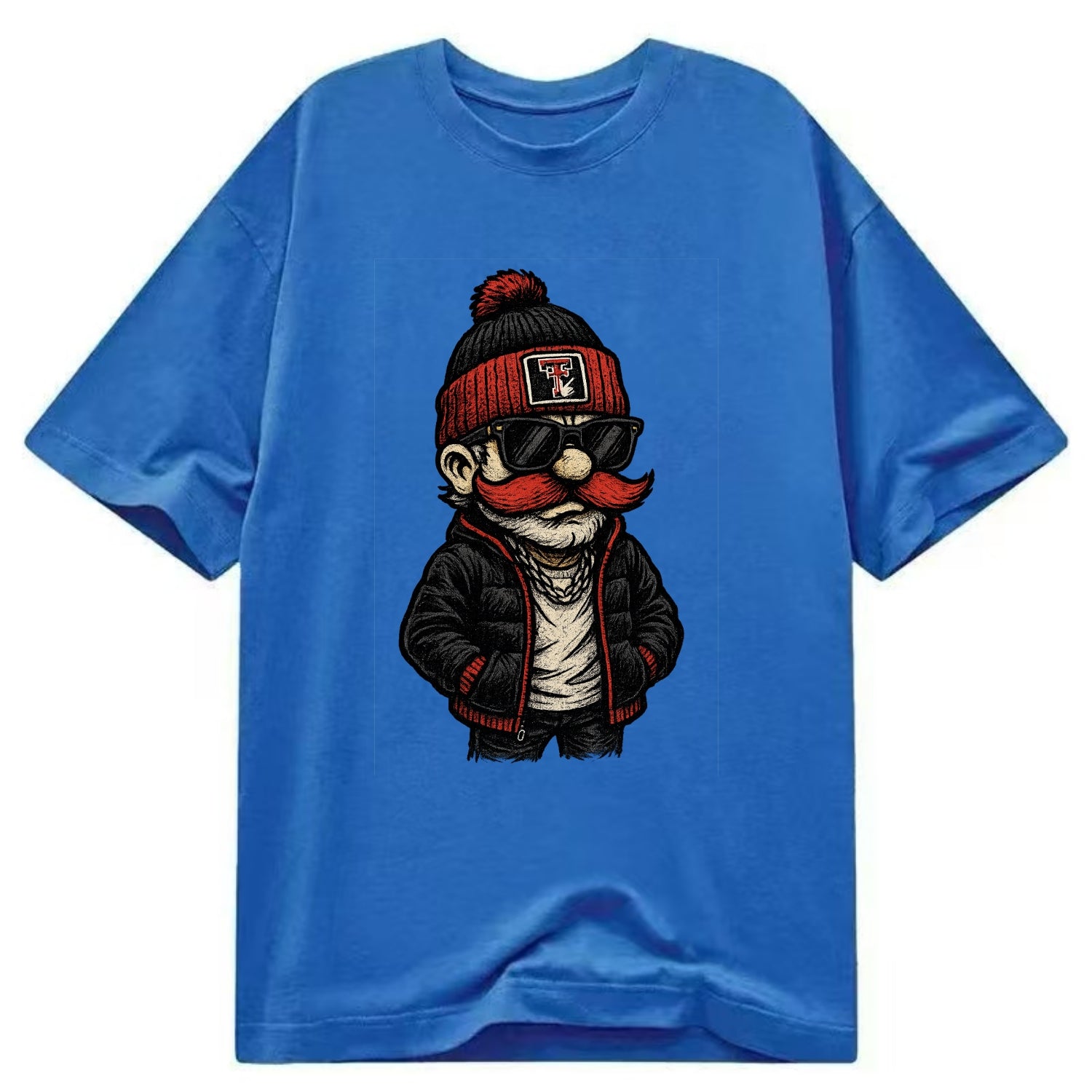 Lubbock Raider wearing Texas Tech beanie with guns up patch - Classic T-shirt - Blue
