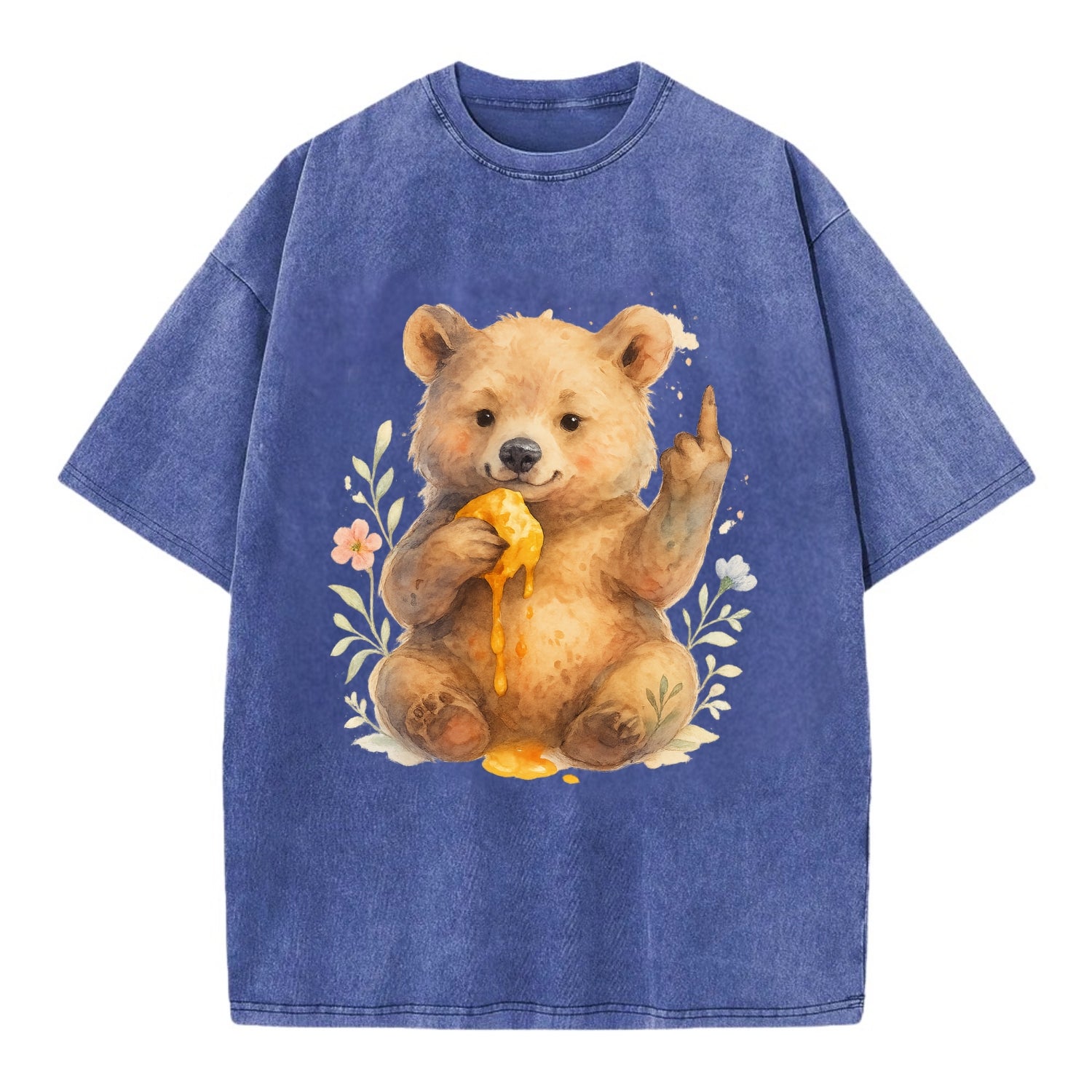 chubby bear cub eating dripping honey, sticky paw up with middle finger - Vintage T-shirt - Blue