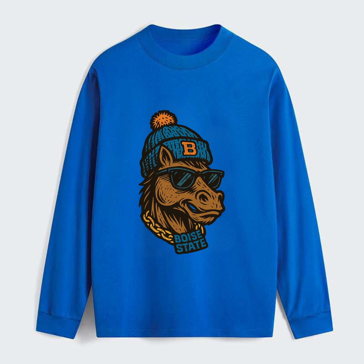 Boise Bronco wearing Boise State beanie with B patch - Classic Long Sleeve Shirt - Blue