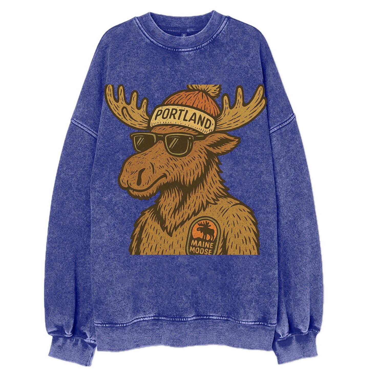 Maine Moose wearing Portland beanie with pom pom and wayfarer sunglasses - Vintage Sweatshirt - Blue