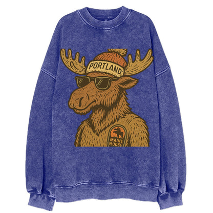 Maine Moose wearing Portland beanie with pom pom and wayfarer sunglasses - Vintage Sweatshirt - Blue
