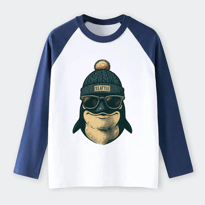 Washington Orca wearing Seattle beanie with pom pom and wayfarer - Raglan Long Sleeve T-Shirt - Blue