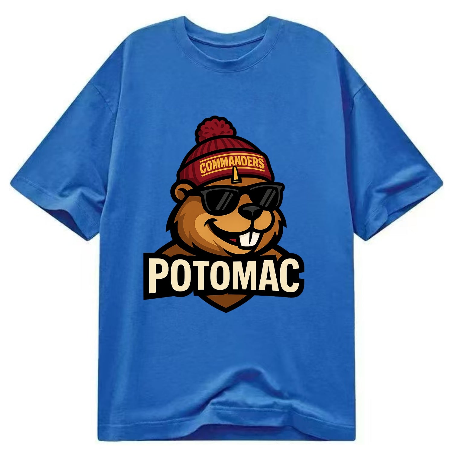 Potomac Beaver wearing Commanders beanie with monument patch and wayfarer - Classic T-shirt - Blue