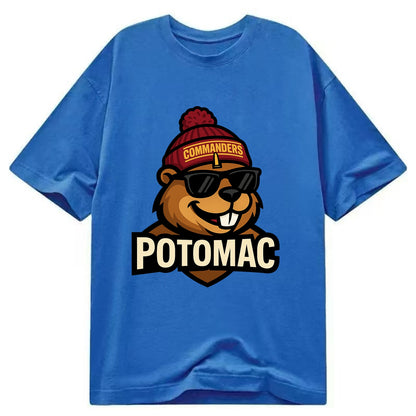 Potomac Beaver wearing Commanders beanie with monument patch and wayfarer - Classic T-shirt - Blue