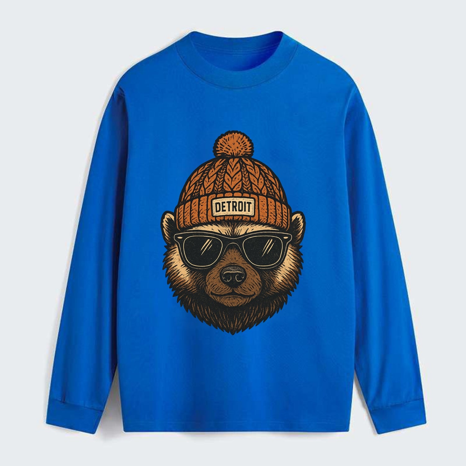 Detroit Wolverine wearing Detroit beanie with pom pom and wayfarer - Classic Long Sleeve Shirt - Blue