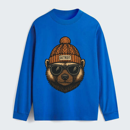Detroit Wolverine wearing Detroit beanie with pom pom and wayfarer - Classic Long Sleeve Shirt - Blue