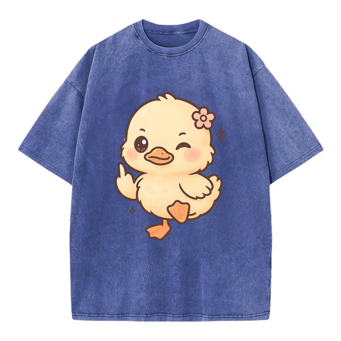 fluffy baby duck with small flower, one webbed foot raised sassily - Vintage T-shirt - Blue