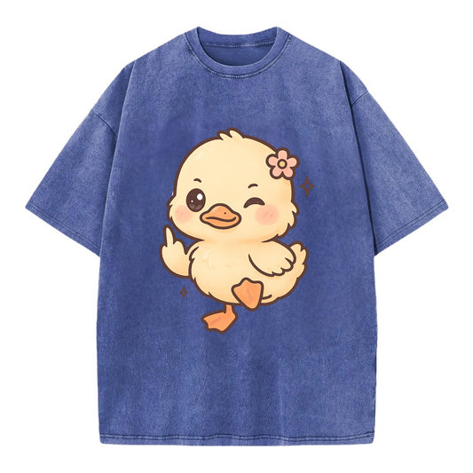 fluffy baby duck with small flower, one webbed foot raised sassily - Vintage T-shirt - Blue