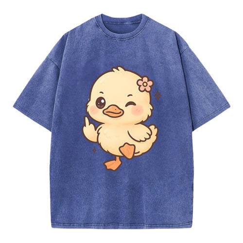 fluffy baby duck with small flower, one webbed foot raised sassily - Vintage T-shirt