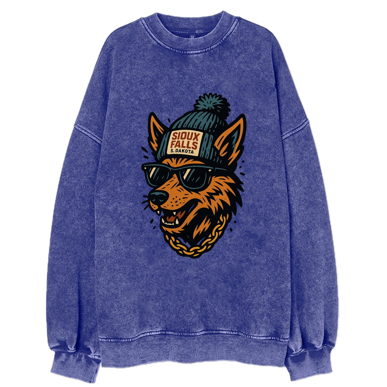 South Dakota Coyote wearing Sioux Falls beanie with pom pom and wayfarer - Vintage Sweatshirt - Blue