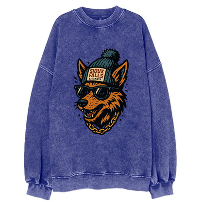 South Dakota Coyote wearing Sioux Falls beanie with pom pom and wayfarer - Vintage Sweatshirt - Blue