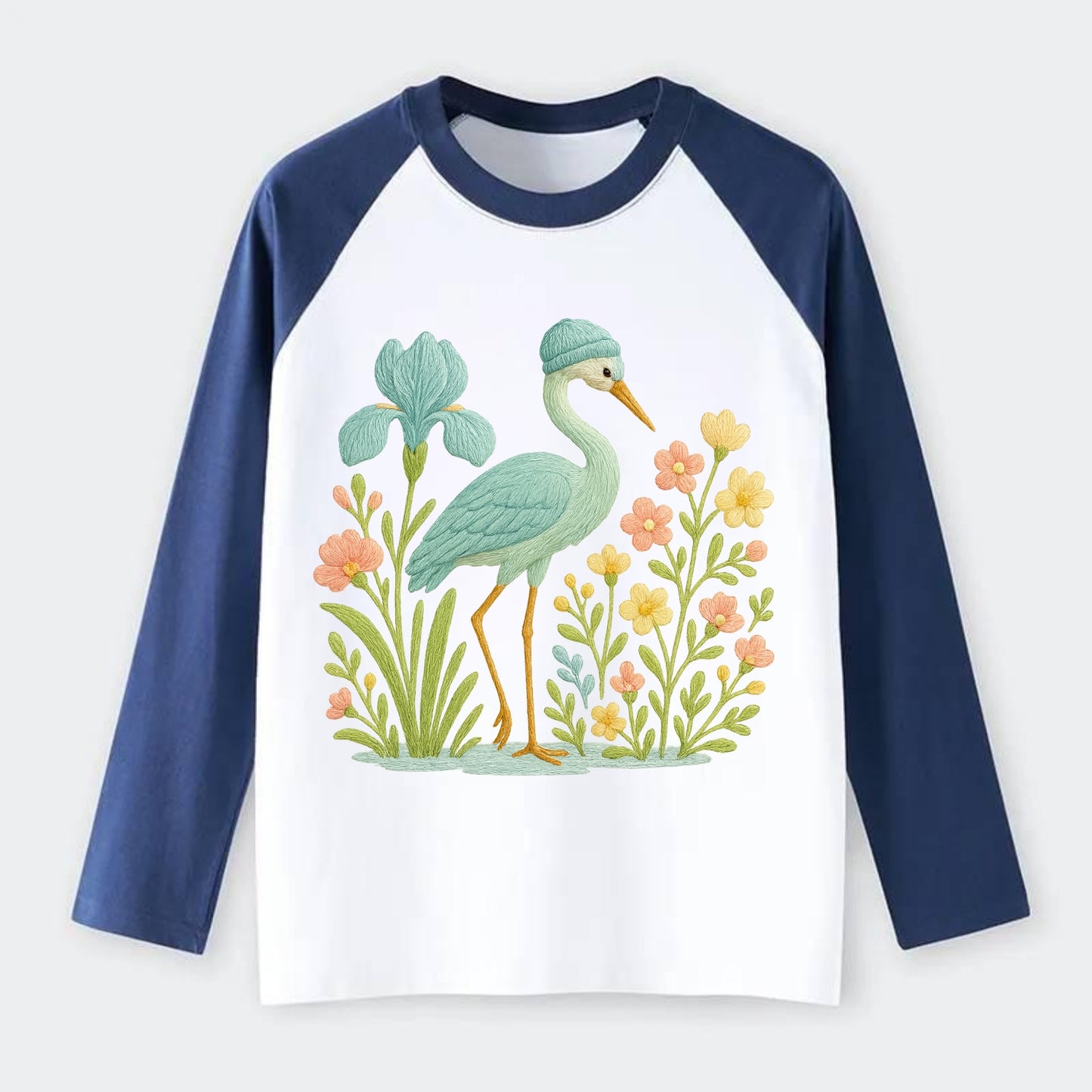 Mint Crane - Raglan Long Sleeve T-Shirt - Blue