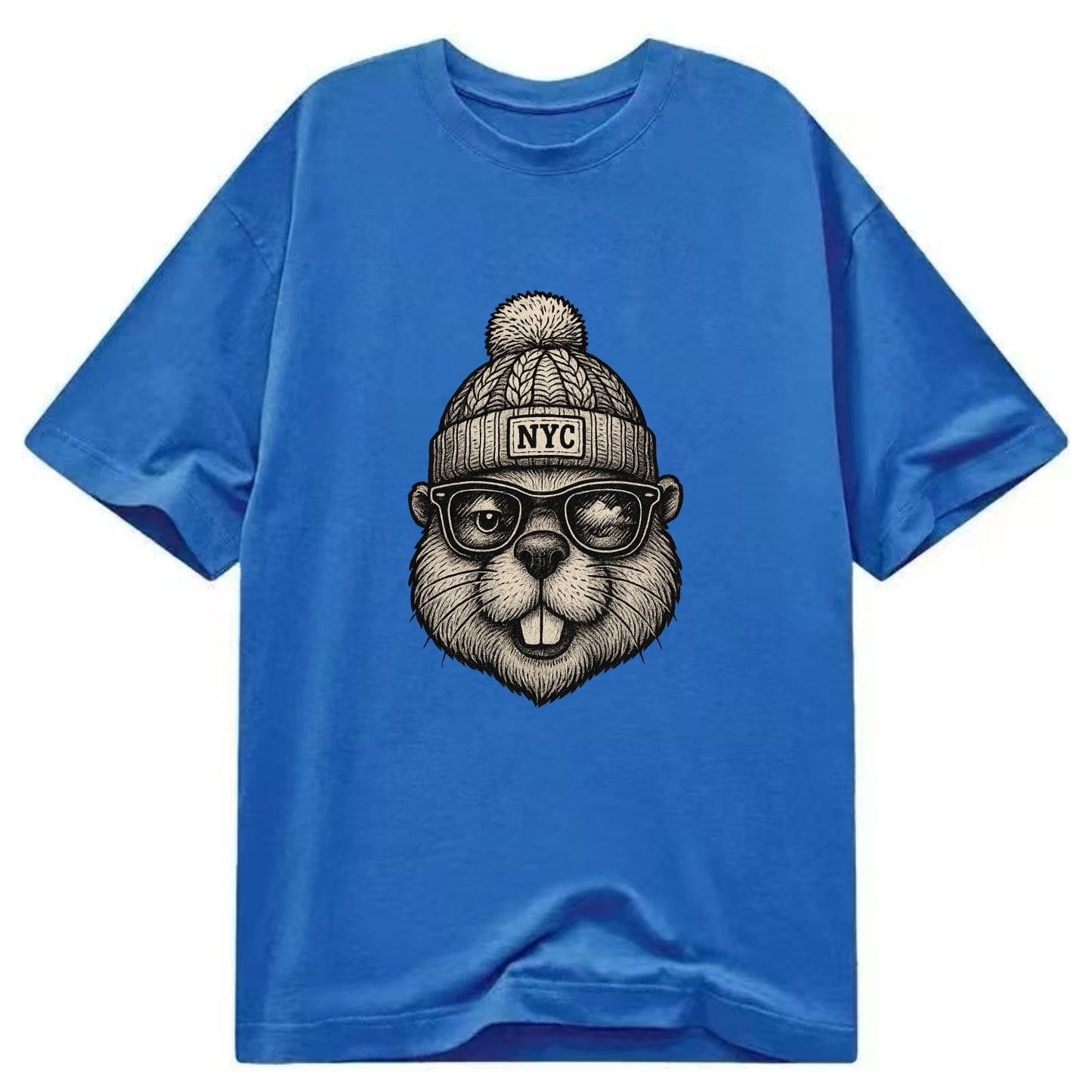 New York Beaver wearing NYC beanie with pom pom and wayfarer sunglasses - Classic T-shirt - Blue