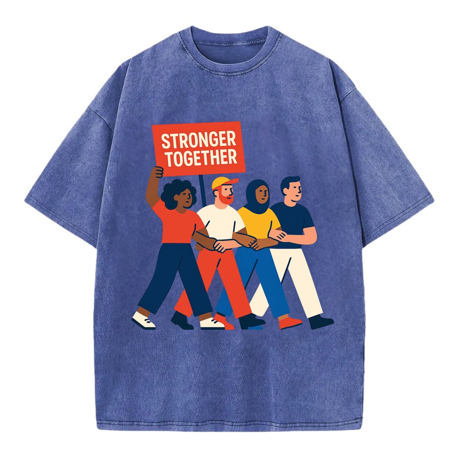 Peaceful protesters marching with linked arms - "Stronger Together" - solidarity - Vintage T-shirt - Blue