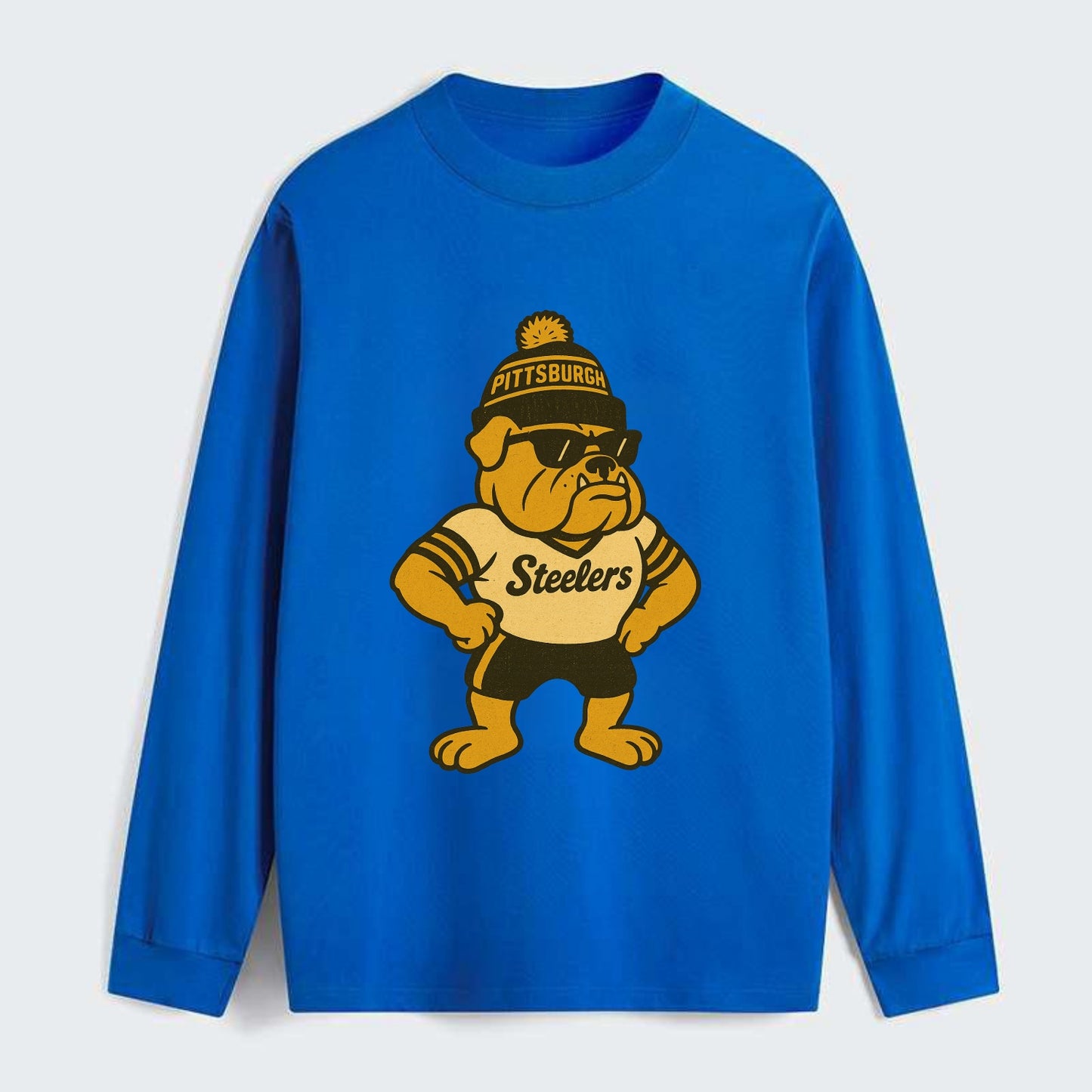 Pittsburgh Bulldog wearing Steelers black and gold beanie with pom pom - Classic Long Sleeve Shirt - Blue