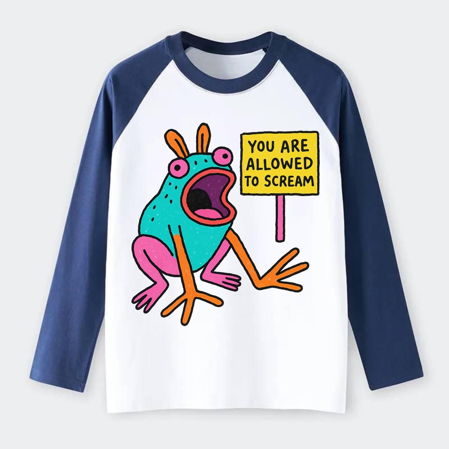 YOU ARE ALLOWED TO SCREAM | Open-mouthed frog - Raglan Long Sleeve T-Shirt - Blue