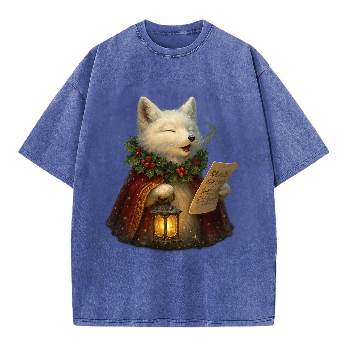Snowbound Arctic Fox Caroler  - Vintage T-shirt - Blue