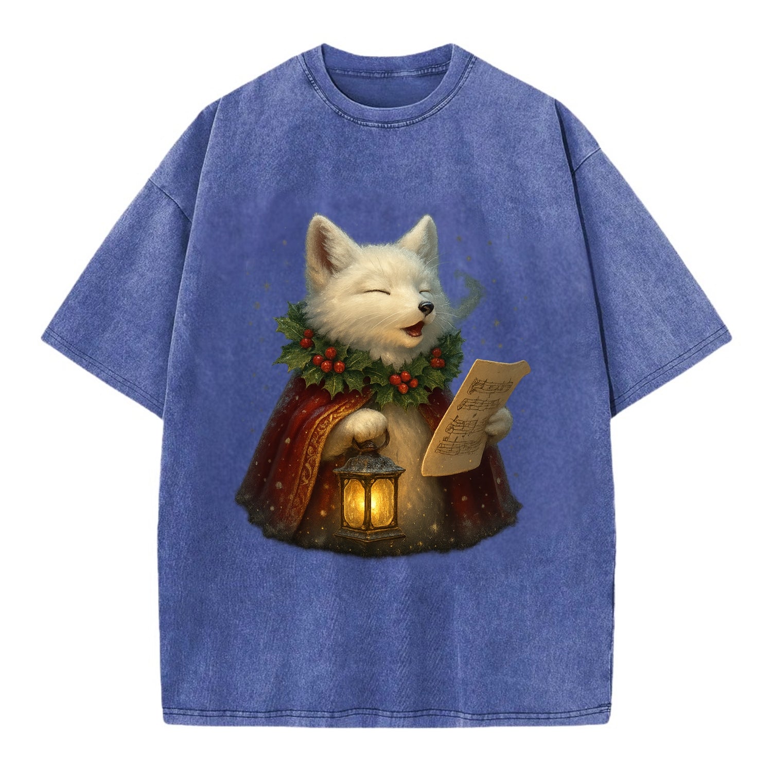 Snowbound Arctic Fox Caroler  - Vintage T-shirt - Blue