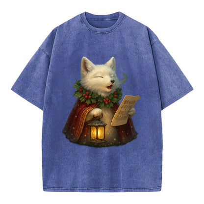Snowbound Arctic Fox Caroler  - Vintage T-shirt - Blue