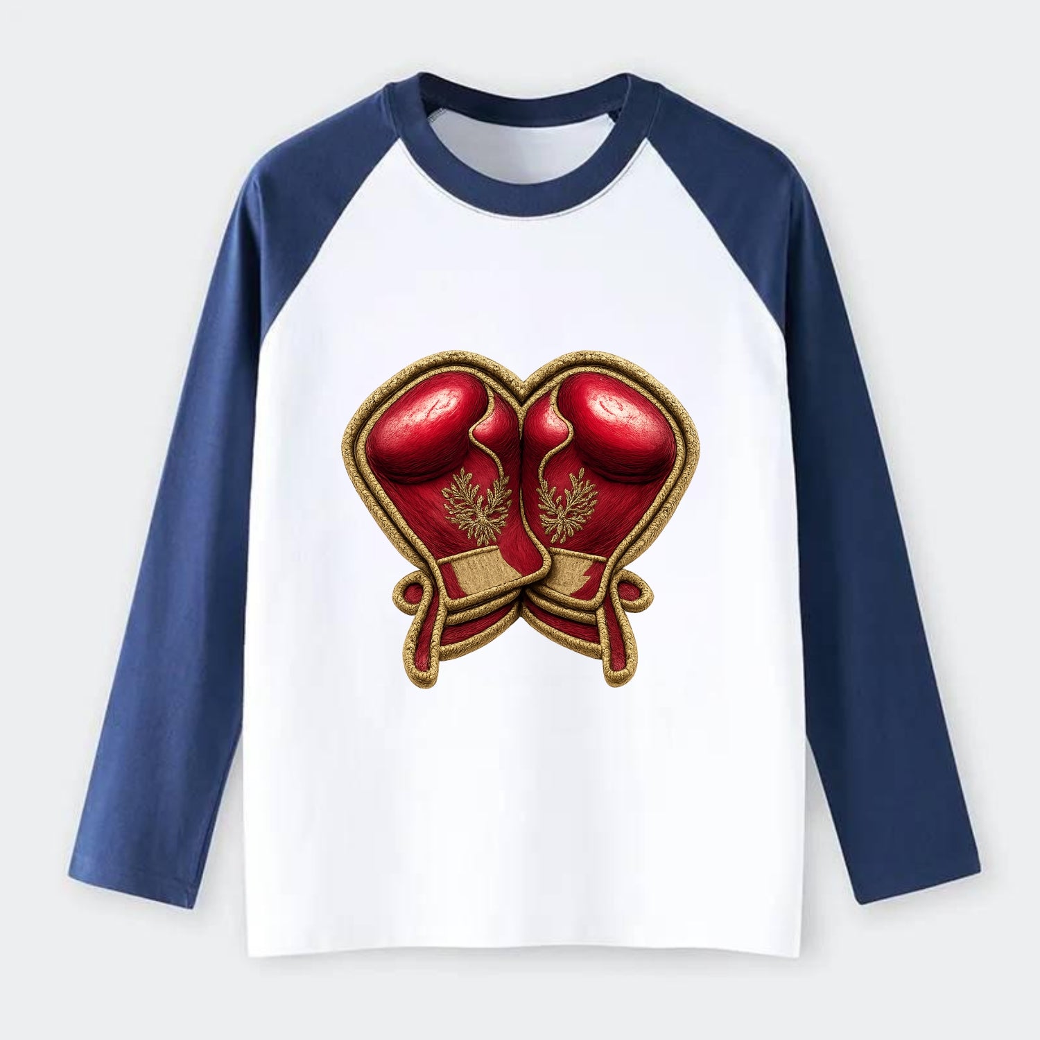 Embroidered patch design - BOXING GLOVES - red boxing gloves crossed - Raglan Long Sleeve T-Shirt - Blue