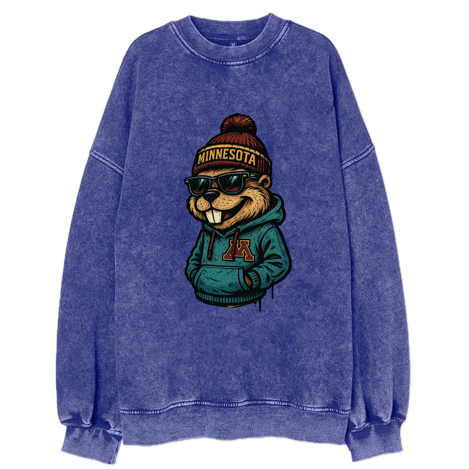 Minneapolis Gopher wearing Minnesota beanie with M patch - Vintage Sweatshirt - Blue