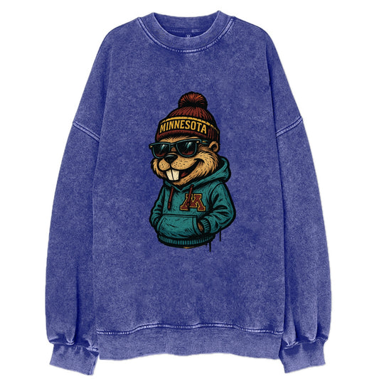 Minneapolis Gopher wearing Minnesota beanie with M patch - Vintage Sweatshirt - Blue