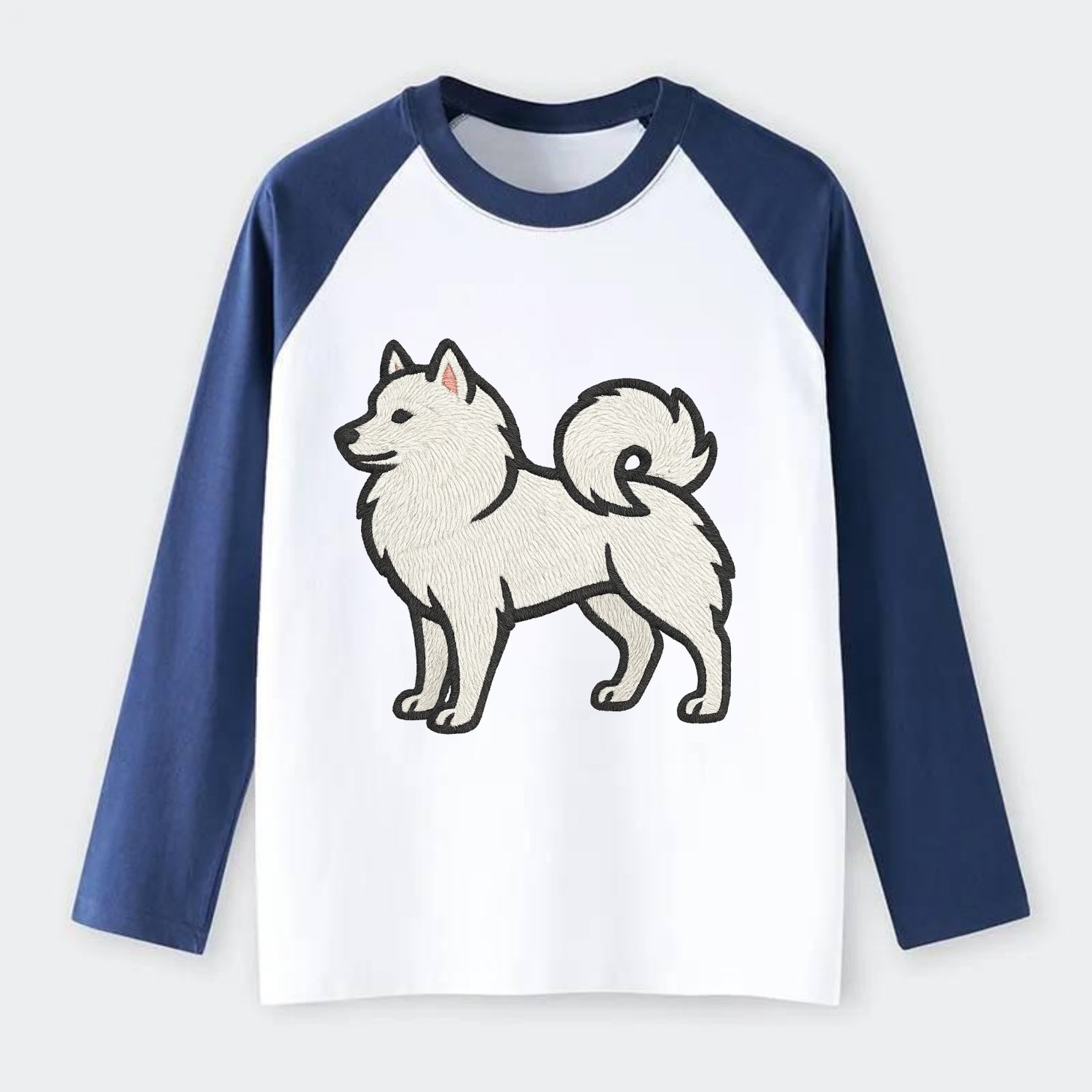 American Eskimo Dog - White spitz embroidered standing design - Raglan Long Sleeve T-Shirt - Blue
