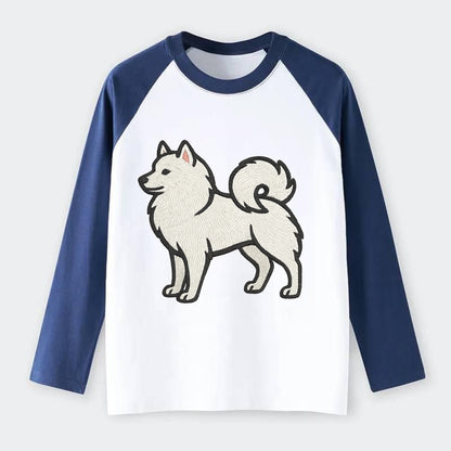 American Eskimo Dog - White spitz embroidered standing design - Raglan Long Sleeve T-Shirt - Blue