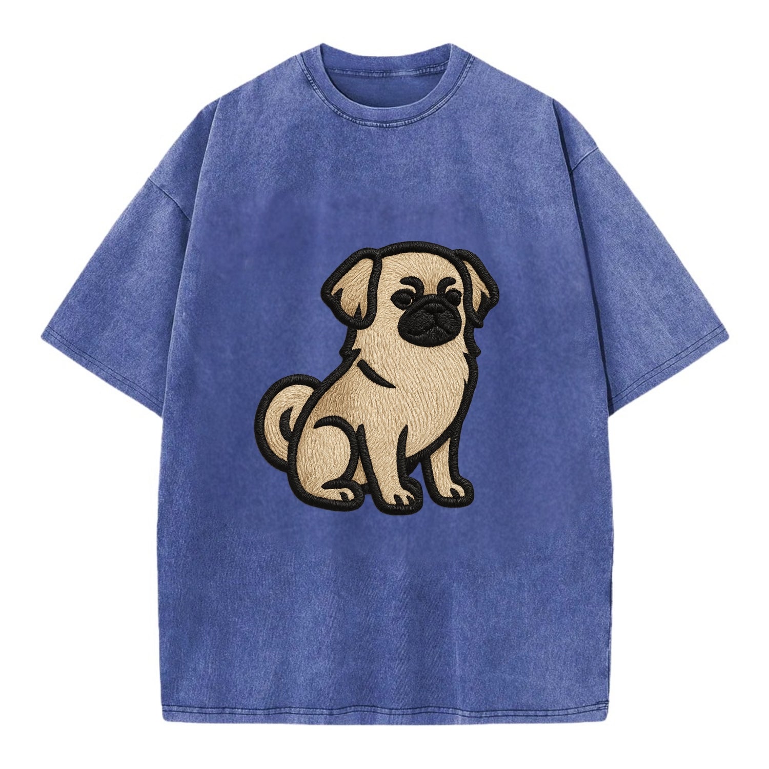 Tibetan Spaniel - Fawn small dog embroid - Vintage T-shirt - Blue