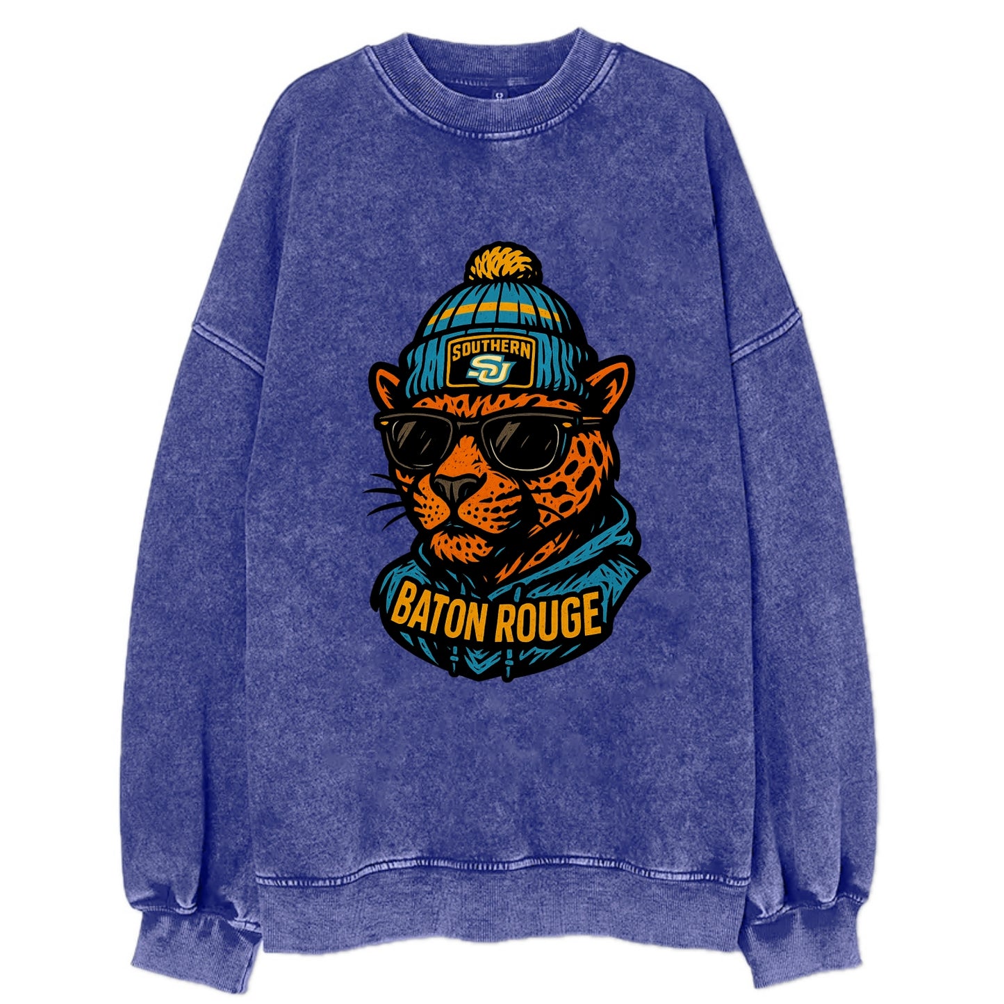 Baton Rouge Jaguar wearing Southern beanie with SU patch - Vintage Sweatshirt - Blue
