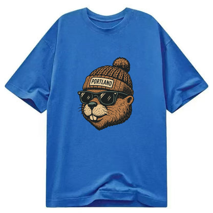 Portland Beaver wearing Portland beanie with pom pom and wayfarer sunglasses - Classic T-shirt - Blue