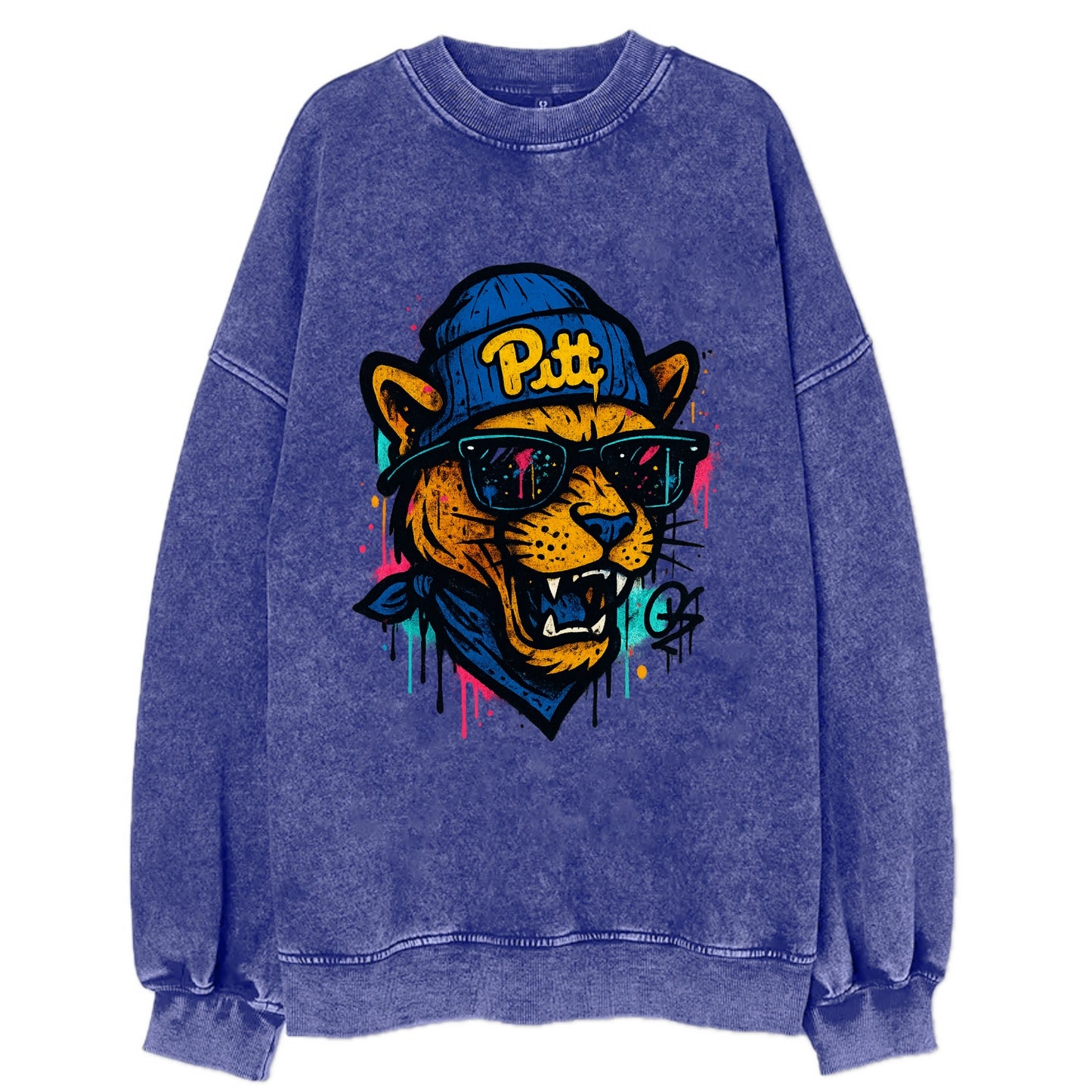 Pittsburgh Panther wearing Pitt beanie with script patch - Vintage Sweatshirt - Blue