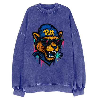 Pittsburgh Panther wearing Pitt beanie with script patch - Vintage Sweatshirt - Blue
