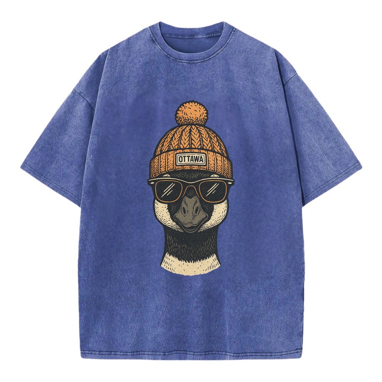 Ottawa Canadian Goose wearing Ottawa beanie with pom pom and wayfarer sunglasses - Vintage T-shirt - Blue