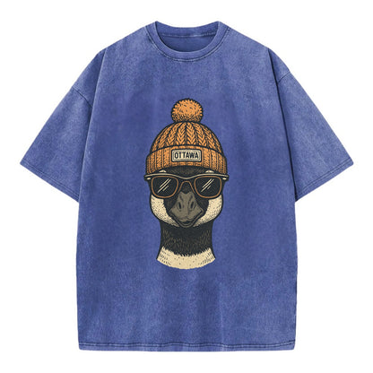 Ottawa Canadian Goose wearing Ottawa beanie with pom pom and wayfarer sunglasses - Vintage T-shirt - Blue