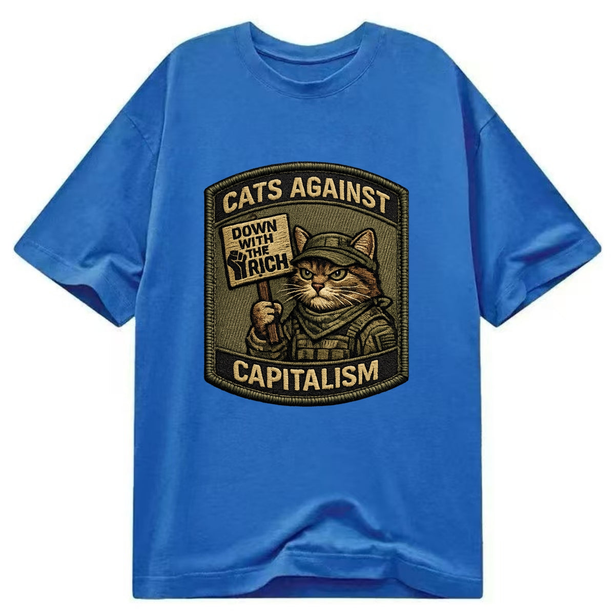 CATS AGAINST CAPITALISM - cat with protest sign in red , political cat - Classic T-shirt - Blue