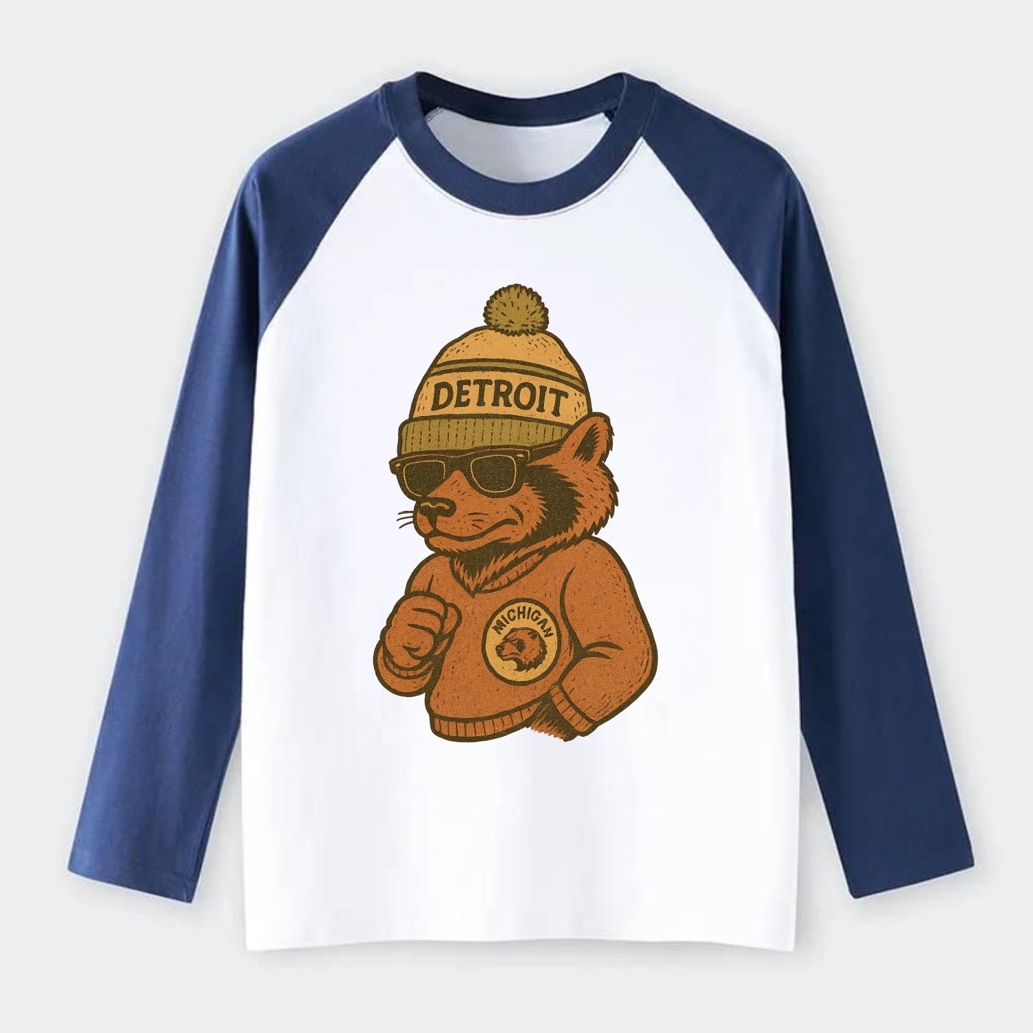 Michigan Wolverine wearing Detroit beanie with pom pom and wayfarer - Raglan Long Sleeve T-Shirt - Blue