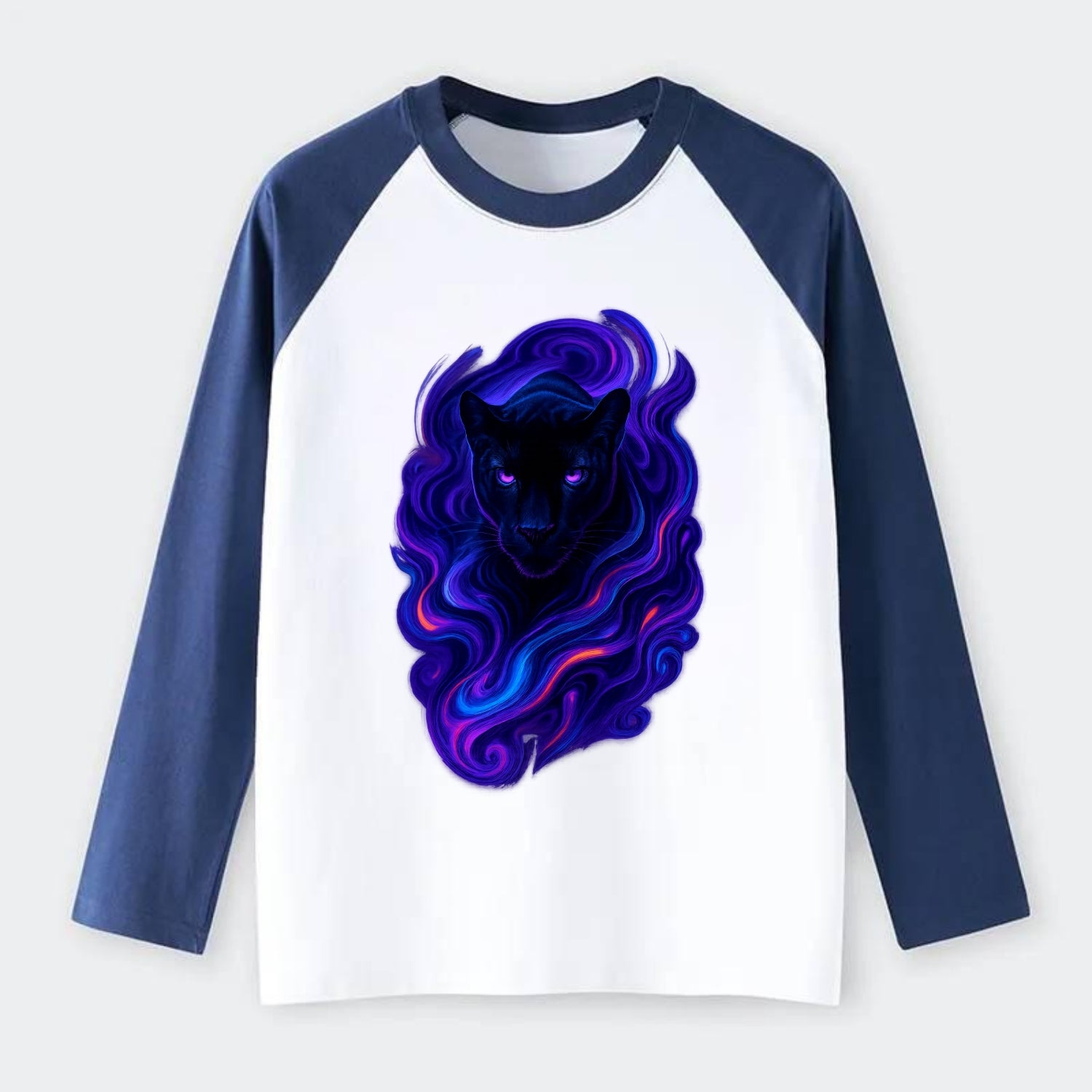 Sleek black panther emerging from swirls of deep purple and electric - Raglan Long Sleeve T-Shirt - Blue