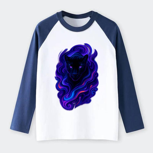 Sleek black panther emerging from swirls of deep purple and electric - Raglan Long Sleeve T-Shirt