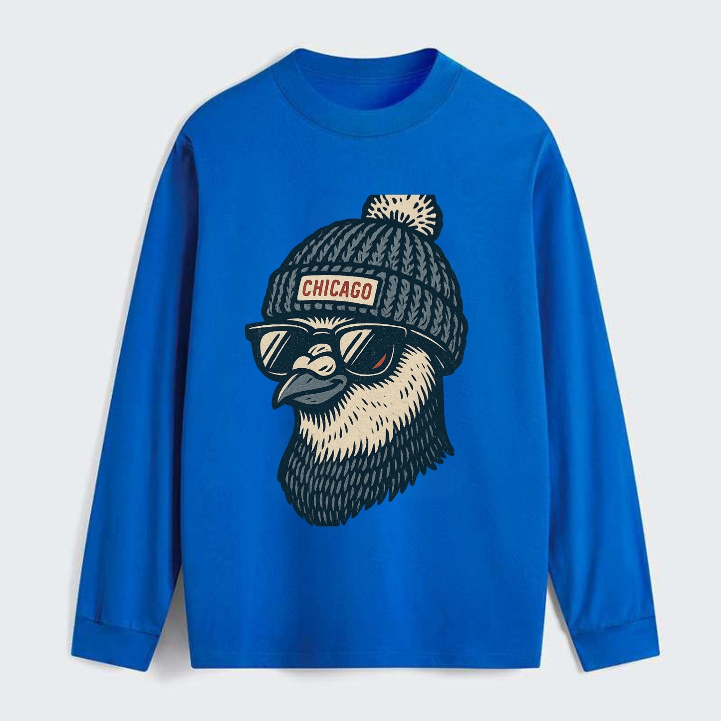 Chicago Pigeon wearing Chicago beanie with pom pom and wayfarer - Classic Long Sleeve Shirt - Blue