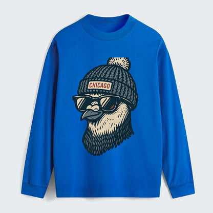 Chicago Pigeon wearing Chicago beanie with pom pom and wayfarer - Classic Long Sleeve Shirt - Blue