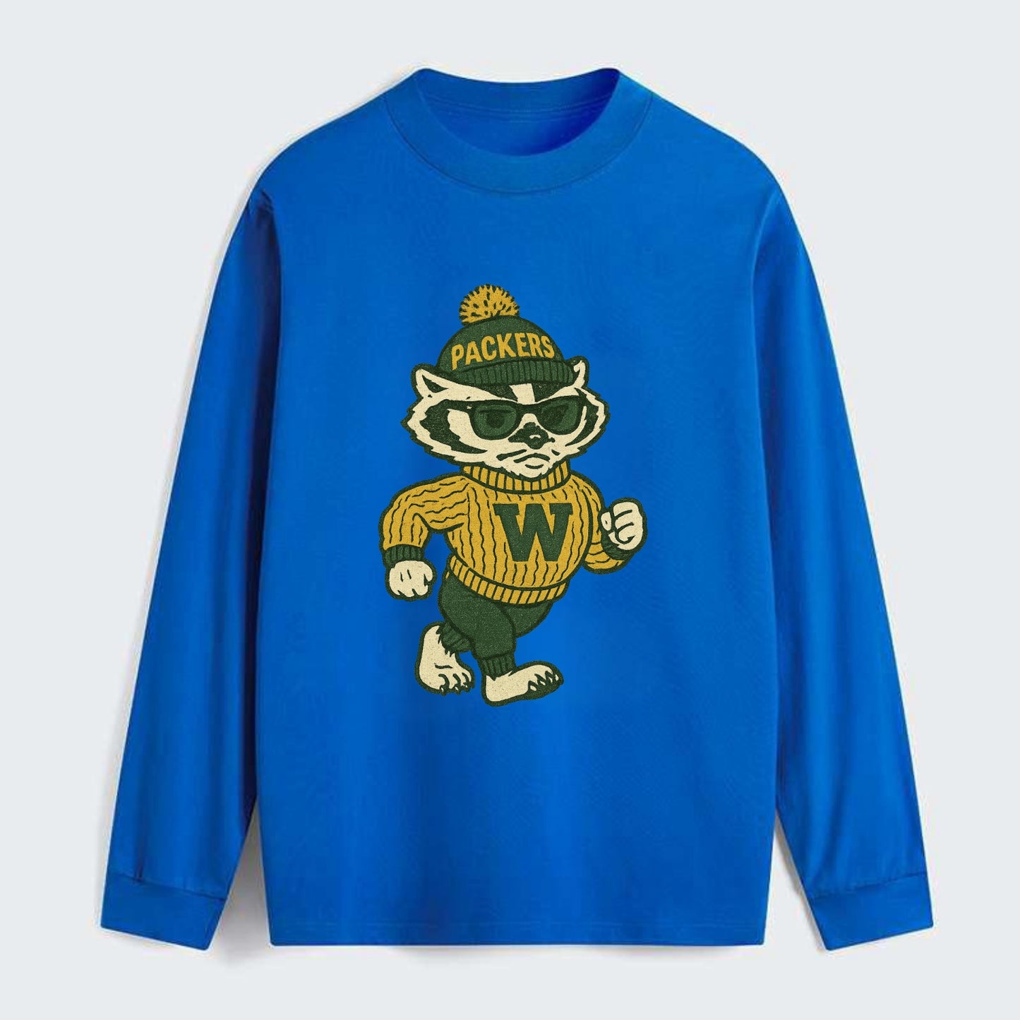 Wisconsin Badger wearing Packers green and gold beanie with pom pom and - Classic Long Sleeve Shirt - Blue