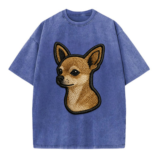 Chihuahua - Modern tiny dog logo with bo - Vintage T-shirt - Blue