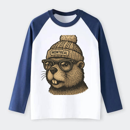 Montreal Beaver wearing Montreal beanie with pom pom and wayfarer - Raglan Long Sleeve T-Shirt - Blue