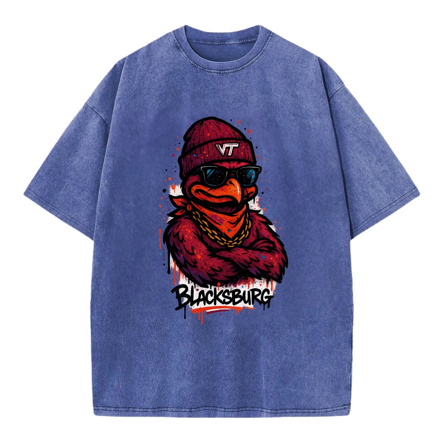 Blacksburg HokieBird wearing Virginia Tech beanie with VT patch - Vintage T-shirt - Blue
