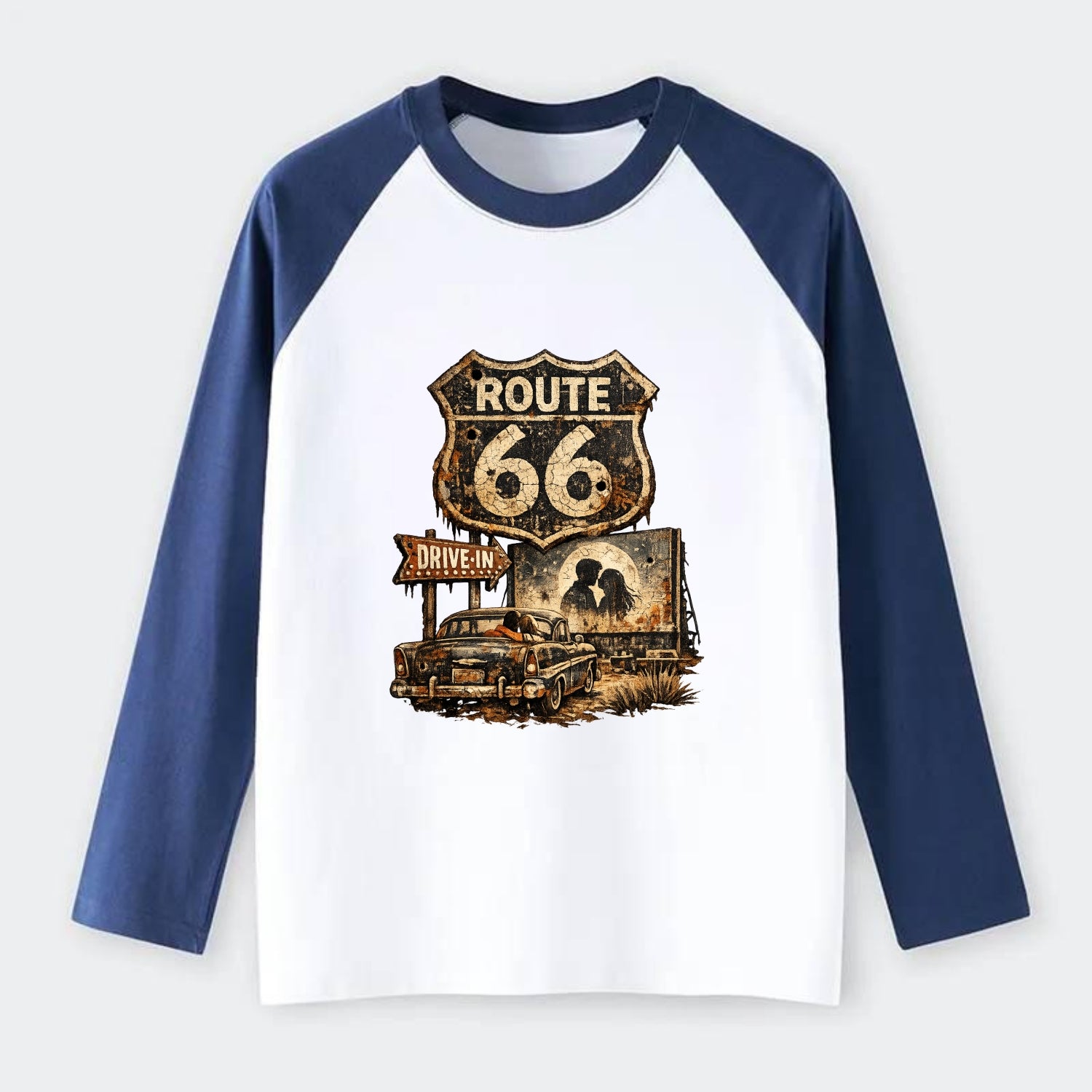 DRIVE-IN | Classic car at drive-in theater | Movie night romance | - Raglan Long Sleeve T-Shirt - Blue