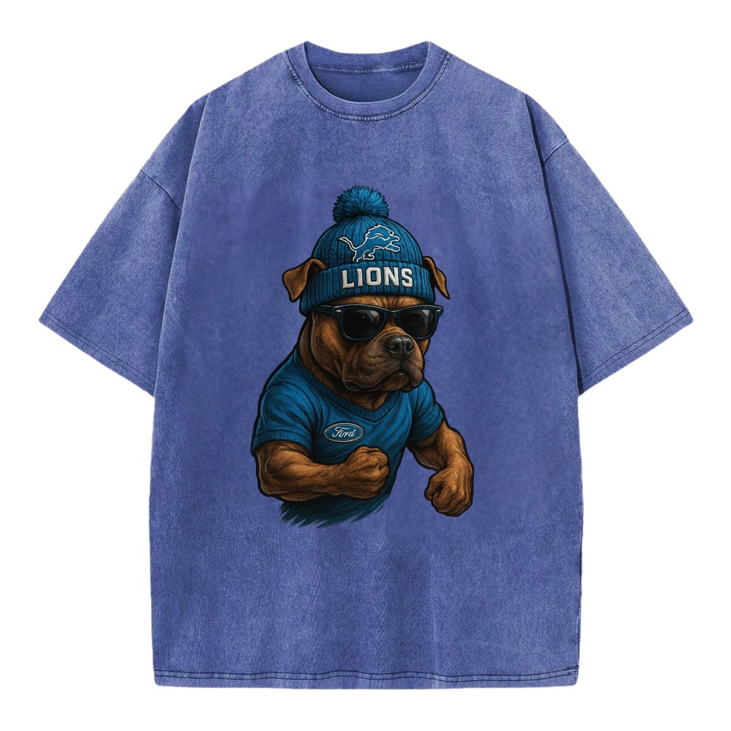 Detroit Pitbull wearing Lions beanie with auto patch and wayfarer sunglasses - Vintage T-shirt - Blue
