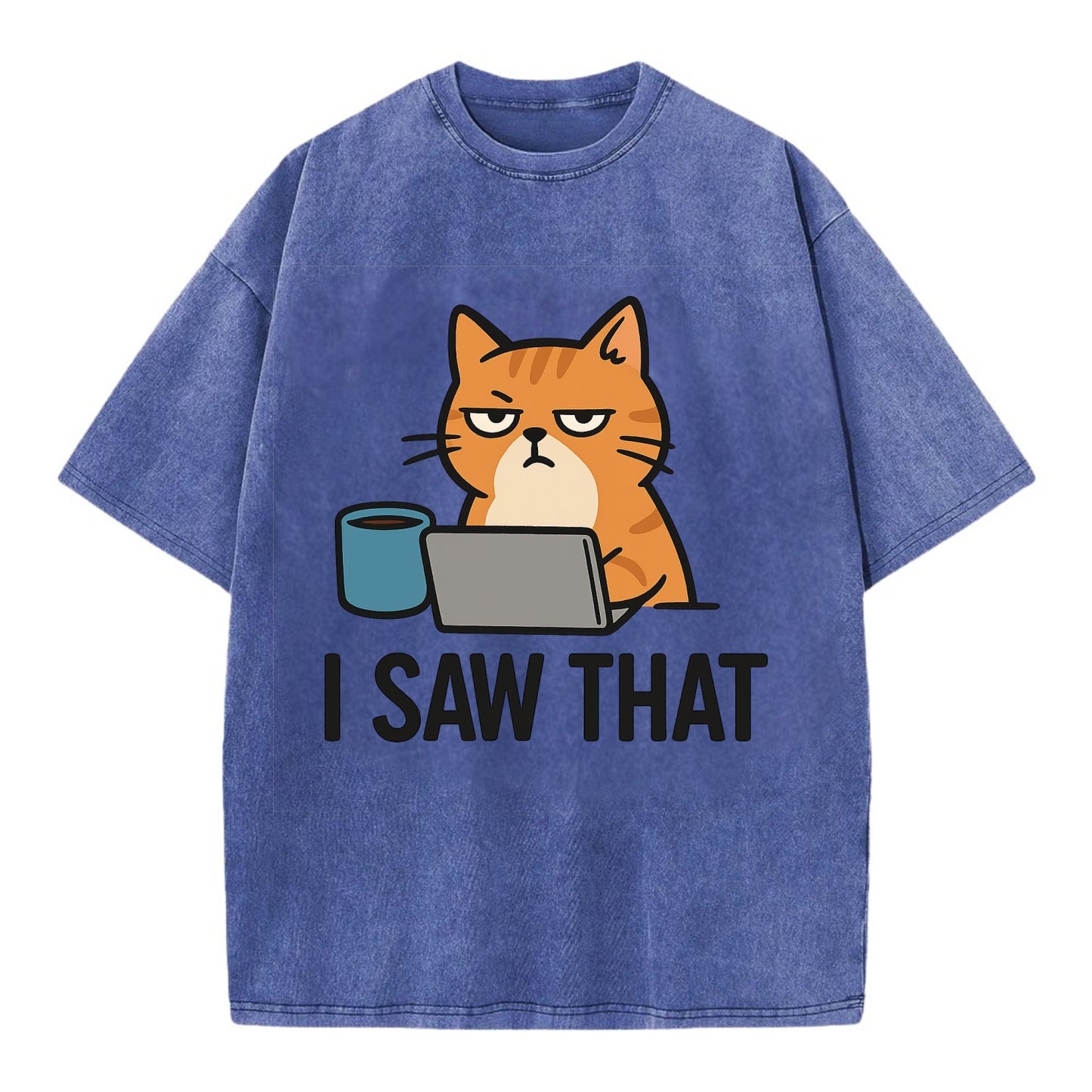 Cat with one eye open judging you - "I SAW THAT" - nothing escapes notice - Vintage T-shirt - Blue